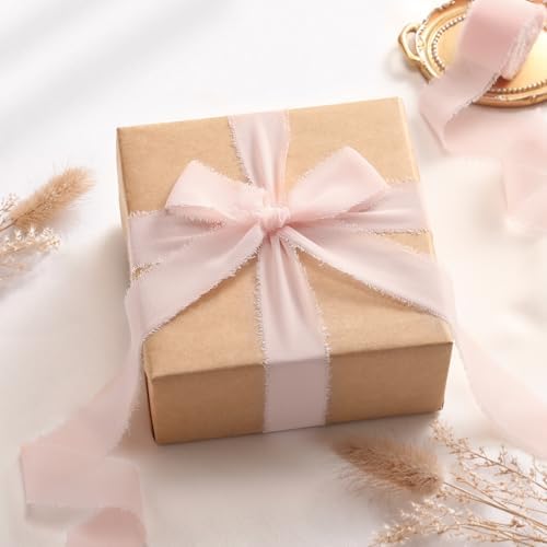DORIS HOME Handmade Frayed Fringe Chiffon Ribbon 1" x 21Yd Pink