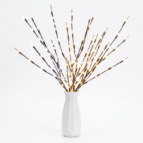 DK177 2Pack Warmlight + 2Pack Whitelight Led Branch Light Battery Operated Lighted Branch Vase Filler Willow Tree Artificial Little Twig Power Brown 30 Inch 20 LED for Home Decoration