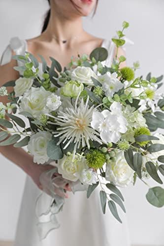 White Artificial Flower Box Set Silk Fake Flowers for DIY Centerpieces Cake Decorations, Wedding Bouquets, Boutonnieres, Home Decor (White Green)
