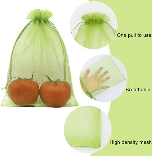 100 Pcs Fruit Protection Bags, 8 x 12 Inch Green Netting Cover Bags with Drawstring, Pest Barrier for Trees, Garden Cover Mesh Bags for Plant Fruit, Flower and Vegetables