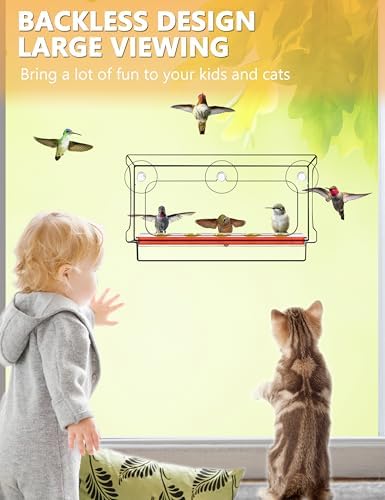 LUJII All One Piece Window Hummingbird Feeder with 5 Strongest Suction Cups, 20 fl.oz Hummer Feeder for Outside, Removable Lift-up Nectar Tray with 5 Feeding Ports, Gift for Bird Lover (Clear)