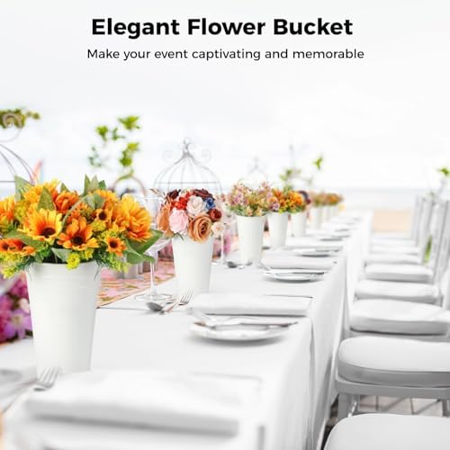 6 Pcs White Flower Buckets, Galvanized Metal Vases,7.9 Inches Flower Vase with Handles, French Flower Bucket，Rustic Farmhouse Vases for Home Decor Wedding Table Centerpiece