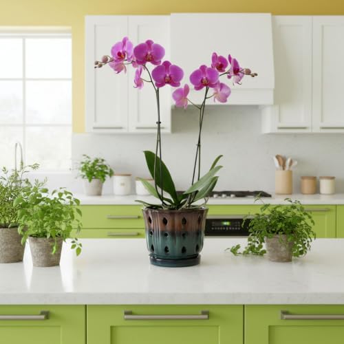 Ceramic Orchid Pot 6'' Orchid Planter (Brown Over Turquoise)