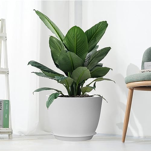 UOUZ 12inch Large Plant Pot, Modern Plastic Planter with High Driange Holes and Saucer for Indoor Outdoor Garden Plants and Flowers, White