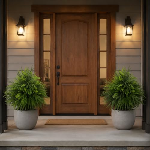 FJAKA 2 Pack 24" Christmas Pot Fillers Urn Outdoor Front Porch, Artificial Faux Christmas Trees Topiary Planter Plants with Ground Spike, for Garden, Cemetery Patio and Holiday Decorations