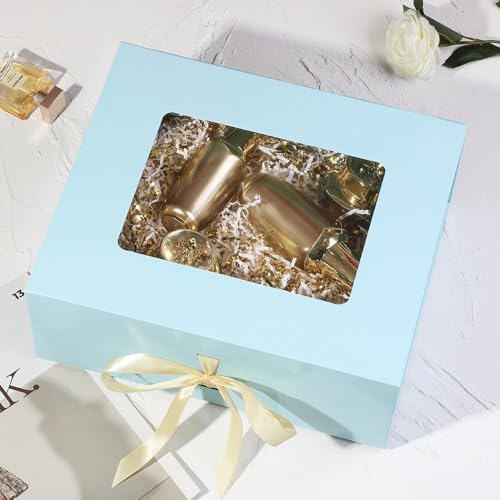 5 Pcs Blue Gift Box for Presents with Ribbon 13.2x11x5.3 Inches Clear Gift Box with Window Magnetic Closure Gift Boxes with Lids