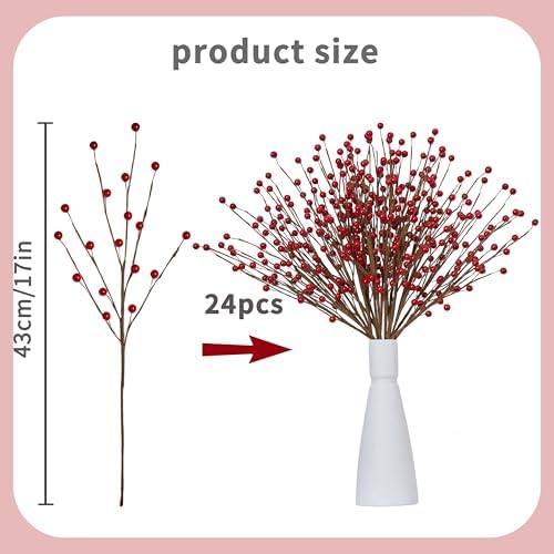 Christmas Decorations 24 Pcs Christmas Berry Stems 17inch Red Berry Picks for Xmas Tree Centerpieces Winter Holiday Flower Arrangements Home Centerpieces DIY Ornaments