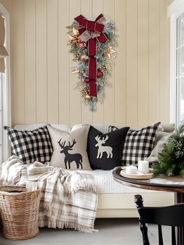 Christmas Teardrop Swag for Front Door with Ornaments, Berries, Bow, 27.5" Christmas Swag Wreath for Stair Window Wall Mantel, Artificial Christmas Swags for Xmas Winter Holiday Decorations, Burgundy