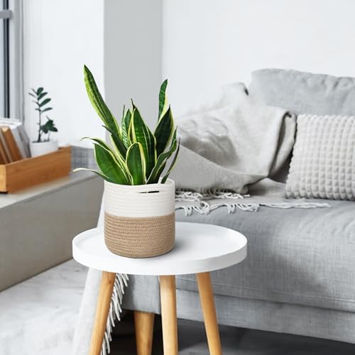 MEGASKET Small Wicker Plant Basket Indoor, 8"x8" Jute Spliced Cotton Rope Basket Planter Up to 7" Pot, Modern Flower Tree Pots Cover, Small Floor Woven Planters, Home Decor Storage Bin (Pack of 2)