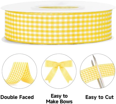 KINGLAKE Light Yellow Gingham Ribbon - 1'' x 25 Yds Yellow Plaid Ribbon
