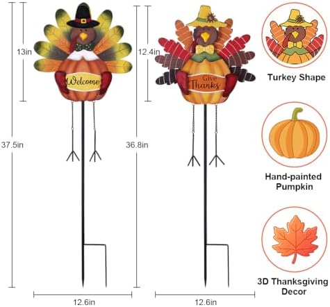 hogardeck Thanksgiving Decorations Outdoor, 38" Set of 2 Metal Turkey Decorative Garden Stakes for Thanksgiving Decor, Give Thanks Welcome Sign Turkey Yard Art for Fall Home Garden Lawn Patio