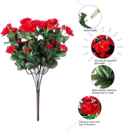Ivydale Artificial Faux Red Flowers Plants for Outdoor Outside Spring Decor, Fake Silk Camellia UV Resistant Look Real for Planter Porch Patio Balcony Garden Table Indoor, 3 Large Bundles