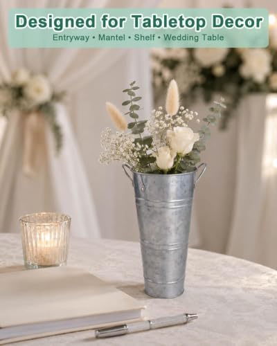 9 Inch Galvanized Flower Bucket, 6 Pack Tabletop Vases for Dried Flowers