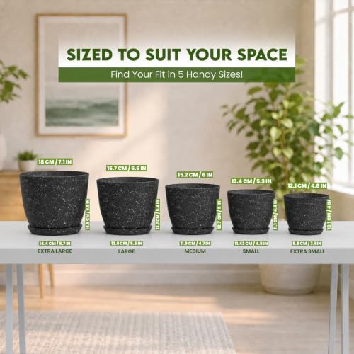 Plant Pots Indoor with Drainage 5 Pack Multi-Size Planters Set Spotty Black