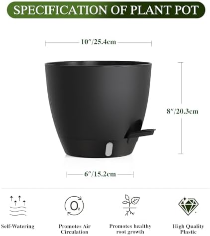 Self Watering Pots with Drainage Holes, 2 Pack 10 Inch Plant Pots with Water Level Indicator Deep Reservoir, Large Plastic Planter for Indoor Outdoor Plants - Black