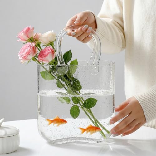Noamus Purse Vase for Flowers, Unique Clear Glass Bag Vases with Handle, Handbag Shape Flower Vase Fish Bowl, Wide Mouth Bubble Vases for Wedding Birthday Centerpieces, Home Garden Decor(Transparent)