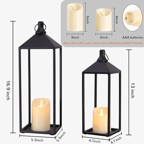 Lanterns Decorative Outdoor Indoor, 17" 13" Set of 2 Black Candle Lanterns