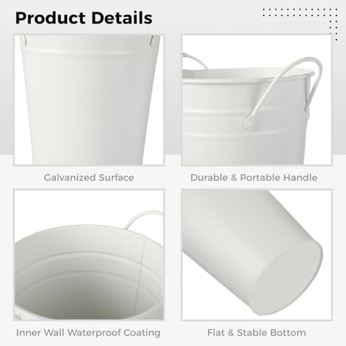 6 Pcs White Flower Buckets, Galvanized Metal Vases, 11.8 Inches Flower Vase with Handles, French Flower Bucket，Rustic Farmhouse Vases for Home Decor Wedding Table Centerpiece
