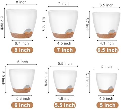 QRRICA Plant Pots 8/7/6.5/6/5.5/5 Inch Self Watering Pots, Set of 6 Plastic Planters with Drainage Holes and Saucers,Plastic Flower Pots,Nursery Planting Pot for Indoor Out Door Plants（White）