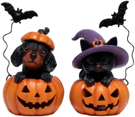 Hodao Halloween Pumpkin Decor with Cat & Dog, Lighted Jack O Lantern