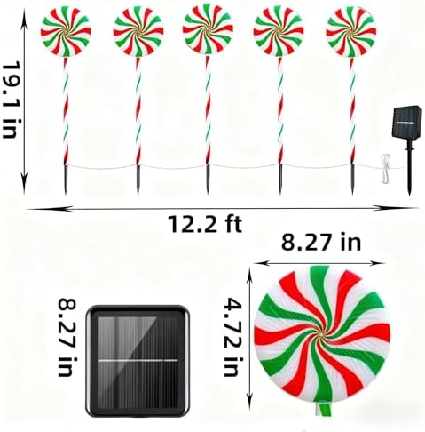Christmas Solar Lollipop Pathway Lights 5 Pack Outdoor Candy Cane Stake Light with Bow Waterproof Walkway Xmas Outsides Garden Yard Lighting Landscape Decorative Decoration