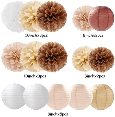 Boho Rustic Wedding Party-Decorations Paper Flowers Lanterns - 15PCS Fall Baby Shower Gender Neutral Streamers,Brown Champagne White Tissue Pom Poms,Autumn Birthday Bridal Decor Hugfond