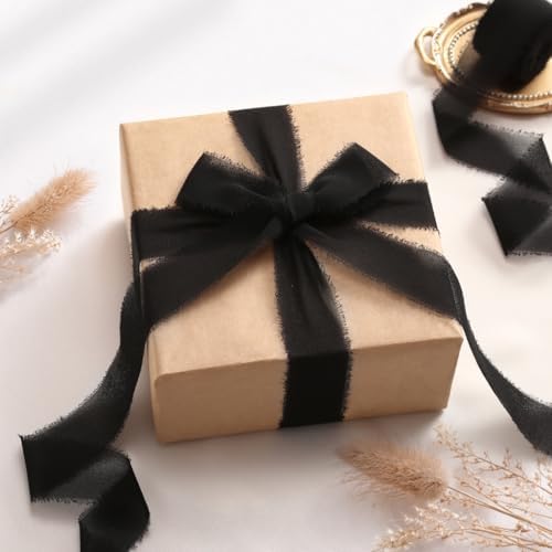 DORIS HOME Handmade Frayed Fringe Chiffon Ribbon 1" x 21Yd Black