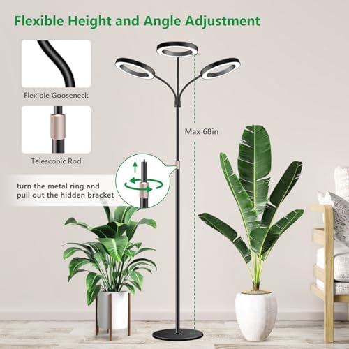 Aumtrly 3 Head Black Floor Grow Light for Large Tall Indoor Plants Growing