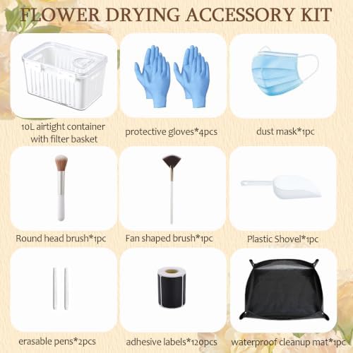 QUKLOGEN Silica Gel Flower Drying Container with Calendar Airtight Container Filterable Basket,One Step Retrieve Dried Flowers,Reusable Flower Preservation Kit(Silica Gel Crystals Not Included)