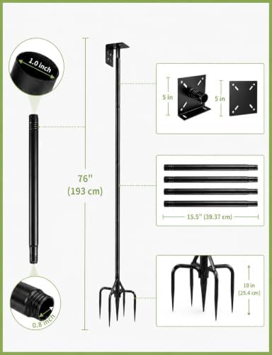 Bird Feeder Pole, 76Inch Heavy Duty Stand with 1-Inch Diameter, Outdoor Bird House Pole Mount for Hanging Feeders (Black, with Squirrel Baffle) (76in-Pole)