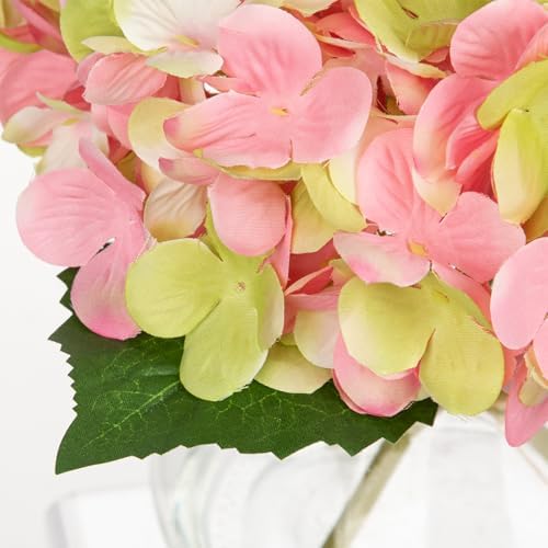 Hollyone Hydrangea Artificial Flowers with Glass Vase Pink-Green Silk Faux Flowers Arrangements in Vase with Faux Water Fake Floral Bulk Bouquet for Home Decor Table Centerpiece Decorations