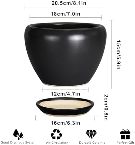 Ceramicfor Ceramic Planter Pot - 8 Inch Plant Pot with Drainage Hole and Saucer Round Planter for Indoor Plants Modern Outdoor Flower Pot for House Balcony Black