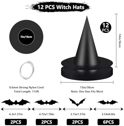 12pcs Halloween Witch Hats + 12pcs 3D Bats Stickers - Costume Accessories for Parties, Cosplay, Carnivals, Holidays