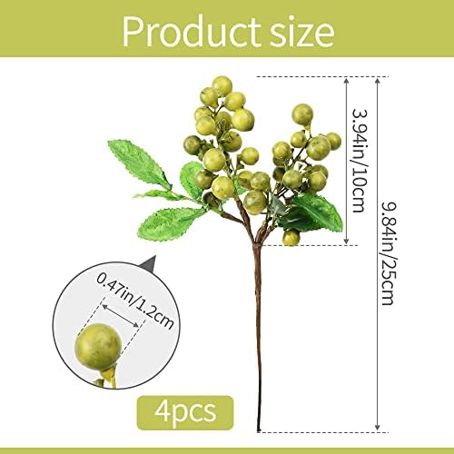 4 Pcs Artificial Dark Green Berries, Lifelike Greenberry Stems Faux Fruit Fake Flowers for Wedding Home Kitchen Party Crafts Decoration