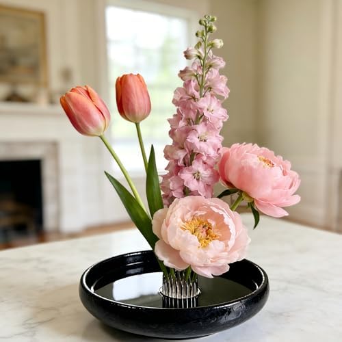 Ikebana Flower Arranging Kit with Ceramic Vase & Kenzan Flower Frog, Beginner Japanese Flower Arrangement Set for Fresh Flowers, Glazed Black Ikebana Bowl for Home Décor, Relaxation & Gift