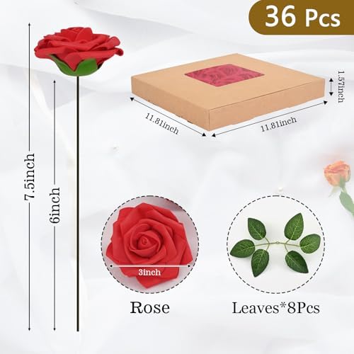BLEUM CADE 36Pcs Artificial Flowers Fake Foam Roses with Stems for Wedding