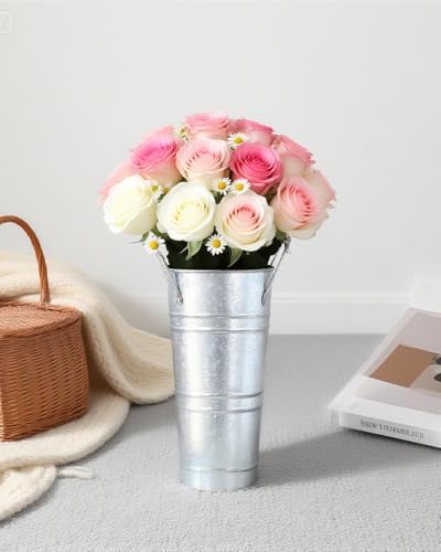 10 Inch Galvanized Flower Buckets, 8 PCS Galvanized Metal Vases for Flowers