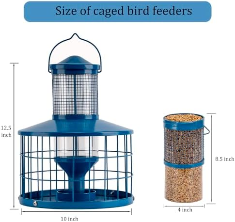 Caged Bird Feeders Squirrel-Proof, Metal, 2.8 Lbs Capacity-Cage Tube Seed Feeders with Tray Outdoor Hanging, Attract Birds,Detachable Cleaning, Starling Proof Wild Bird Feeder（Blue）