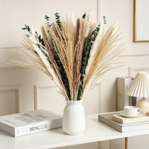 Boho Dried Flower Bouquet with Pampas Grass, Bunny Tail Grass, Reed & Preserved Eucalyptus – Natural Floral Arrangement for Home Decor, Wedding Centerpiece & Vase Filler
