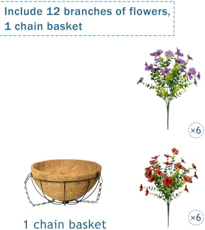 Artificial Hanging Flowers, UV Resistant, 12 Bundles, Red Purple