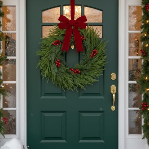 Christmas Wreath, 24" Wreath for Front Door with Hanger, Artificial Pine Wreath with Berries, Farmhouse Christmas Decorations for Indoor Outdoor
