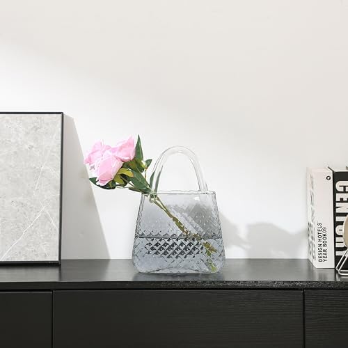 Purse Vase, Glass Bag Vase, Glass Purse Vases for Flowers, Black Glass Vases, 12 Inch Large Flower Vases with Embossed Pattern for Wedding, Living Room, Bedroom, Table, Office(Round)