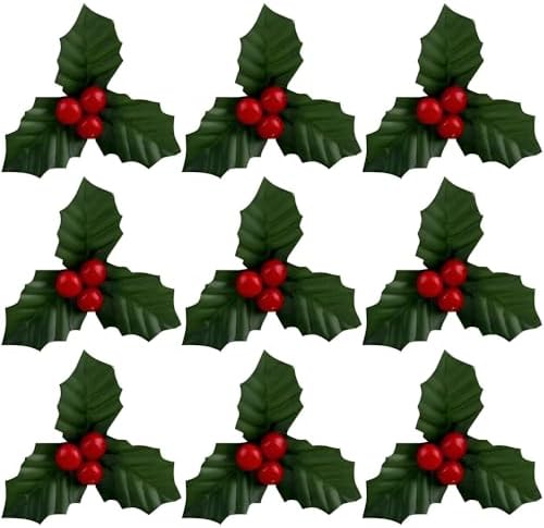 10Pcs Christmas Holly Berries Faux Berry Flowers with Leaves Xmas Berry Picks Christmas Wreath Branches Vase Fillers, Artificial Flowers (Gold)