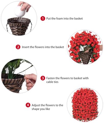 Artificial Hanging Flowers with Baskets for Decor, Fake Silk Red Hanging Daisy Orchid Flowers Plants, Faux Flower Centerpieces for Home Indoor Outdoor Garden Patio