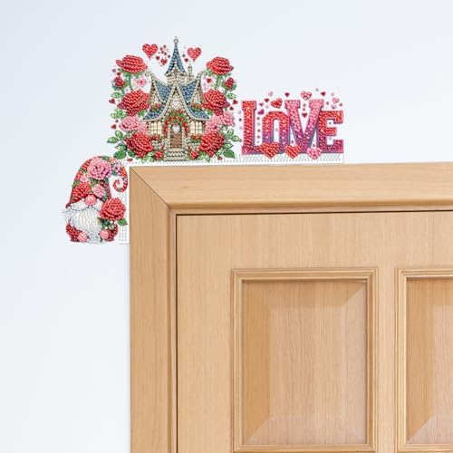 Rose Castle DIY Diamond Art Painting Door Corner Decor, Wooden Frame Signs with Valentines Day Castle Designs for Holiday Home, Festive Wall Hanging Gift for Family