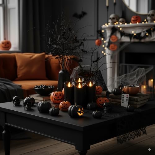 Homemory Black Halloween Flameless LED Pillar Candles, Remote Timer, 9 Pack