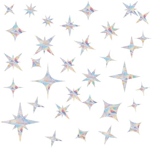 60 Pcs Star Window Decals to Prevent Bird Strikes - Anti-Collision Window Stickers for Birds, Rainbow Vinyl Suncatcher Stickers, Reusable Static Clings for Bird Window Deterrent, No Glue Needed