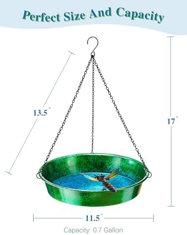 Hanging Bird Bath & Feeder, 11.5" Metallic Green/Blue Metal Birdbath Bowl