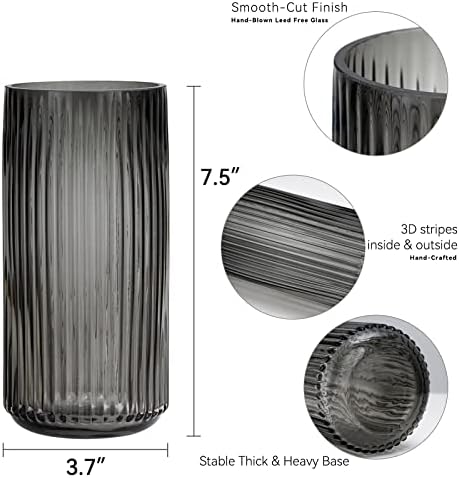 TIMEFOTO Flower Vase 7.5 inch Grey Thickened Hand Blow Glass Vase Round Vintage Striped Bottles for Bookshelf,Dinner Table,Indoor Office Desktop,Meeting Room,Bathroom,Countertop,Home