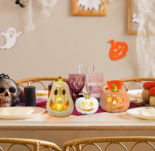 Halloween Ceramic Pumpkin Tea Light Holder Set of 3 Jack O Lanterns